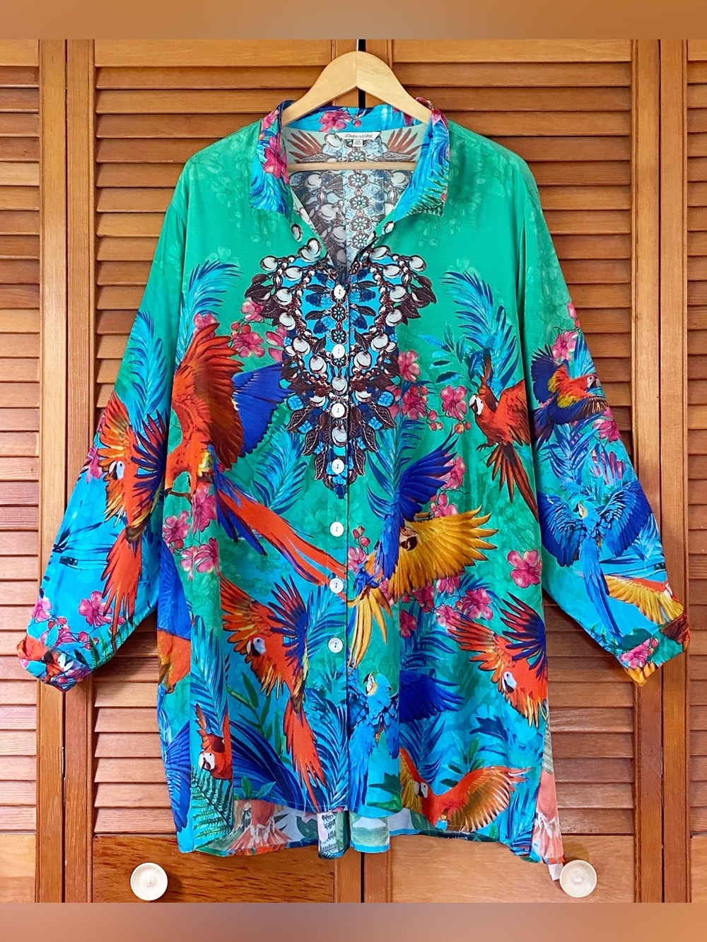 John Mark Tunic Top Womens Size 2X Tropical Island Parrots Print Button Up Front